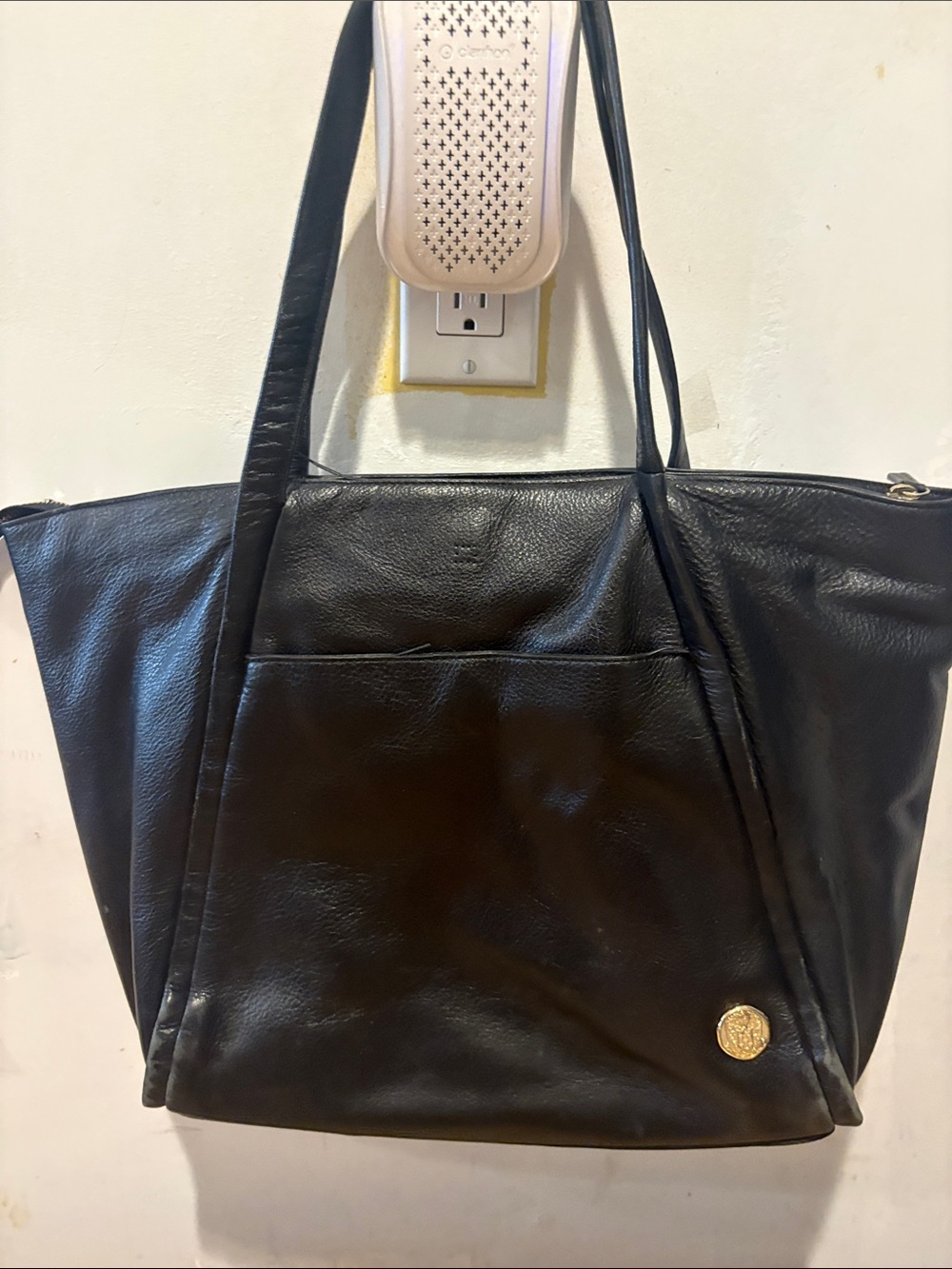 Vince Camuto Classic Black Leather Tote Bag with Gold Medallion